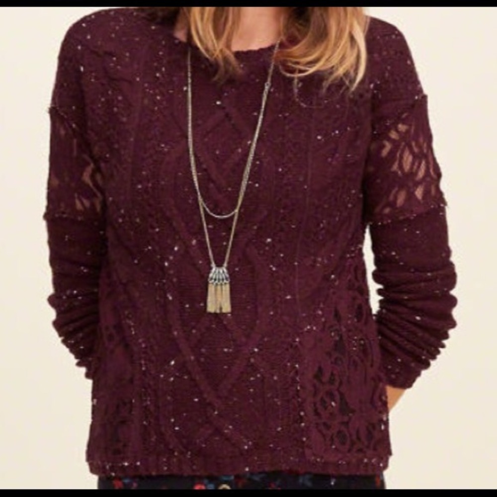 Maroon Lace Panel Cable-Knit Sweater